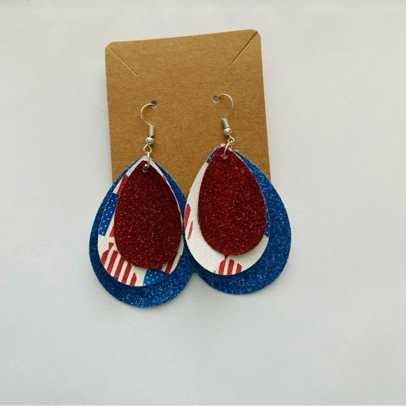 Handmade Jewelry - Hand Crafted Patriotic Faux Leather Layered Red Blue Glitter Teardrop Ea…